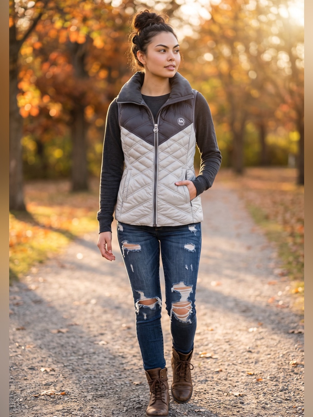 Michael Kors Two-Tone Quilted Puffer Vest in Dark Gray and Light Gray